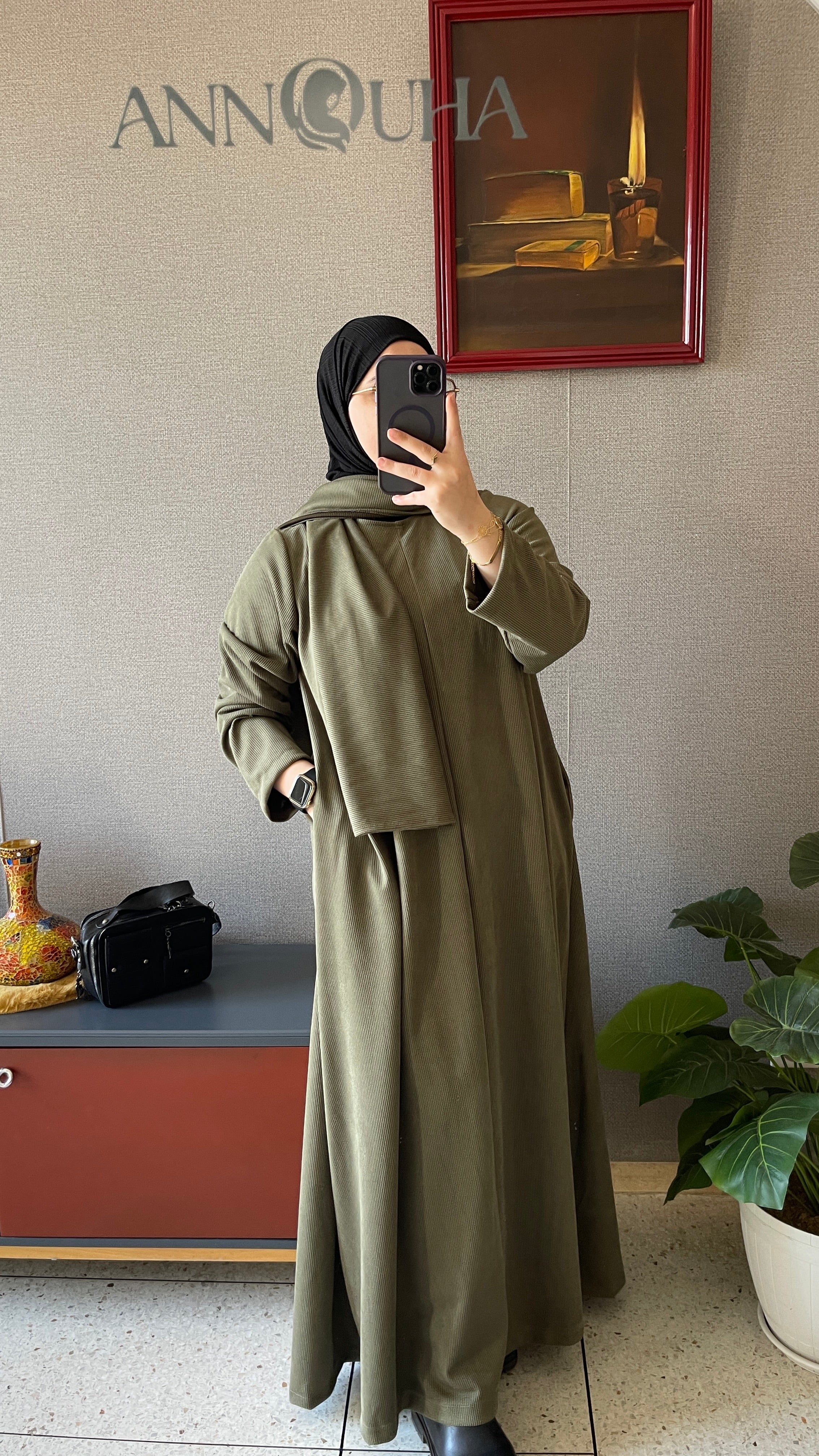 Abaya Peau de Chameau kaki avec Écharpe